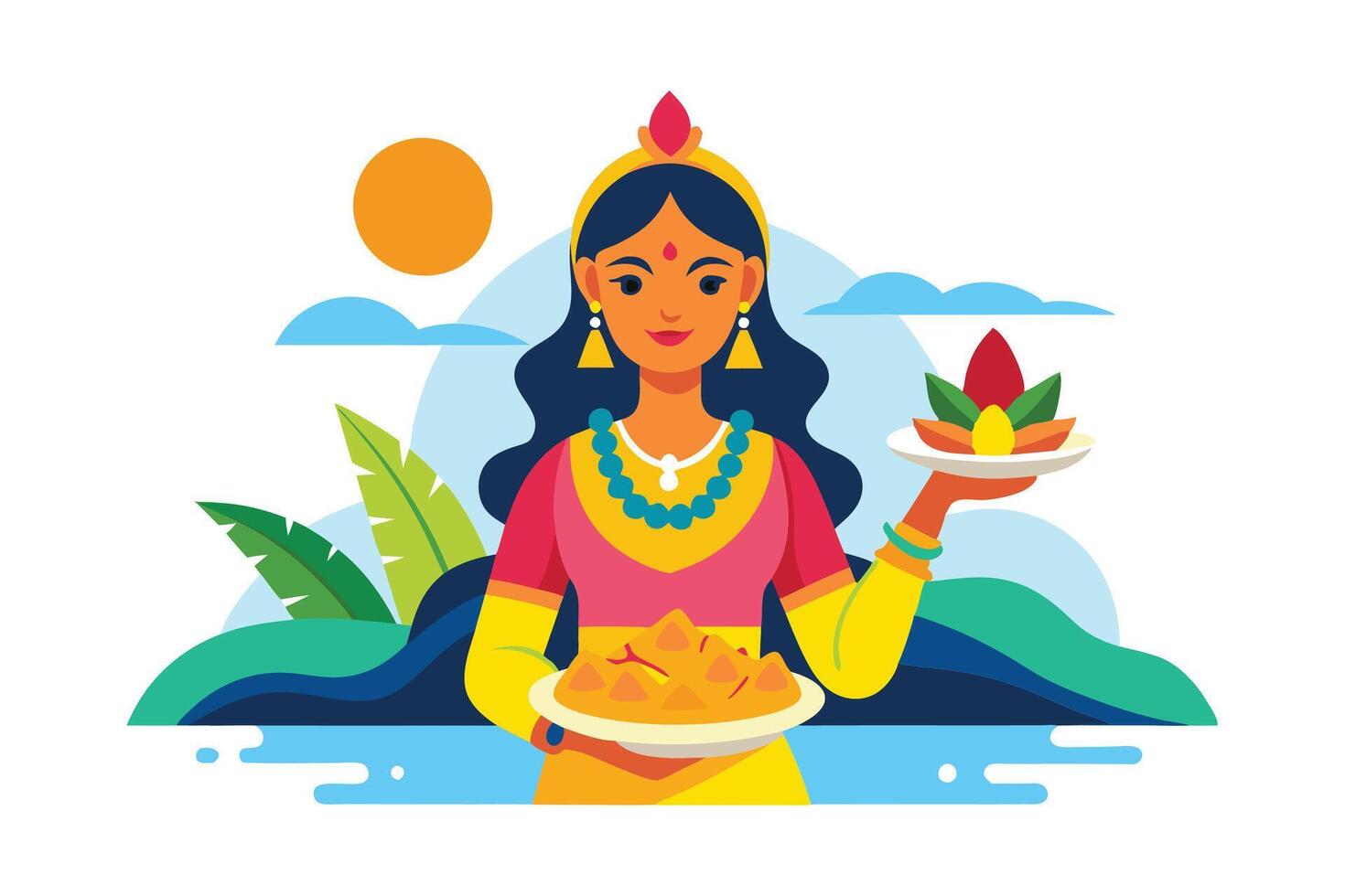 Chhath Puja Art - Vibrant Indian Festival with Sun Worship, Offerings, and Cultural Design vector