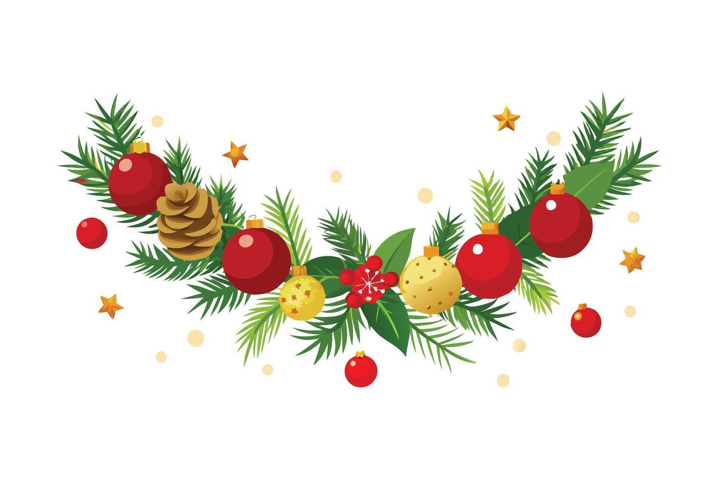 Christmas Garland - Festive Pine and Spruce Decoration with Red and Gold Baubles, Berries, and Pinecones, Elegant Holiday Art vector