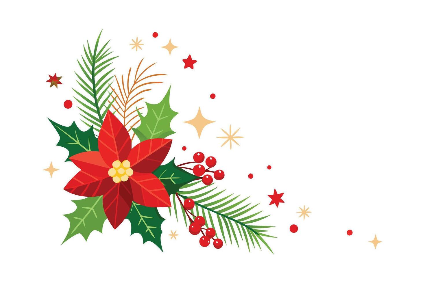 Christmas Corner Arrangement with Festive Poinsettia, Pine, and Spruce for Holiday Elegance vector