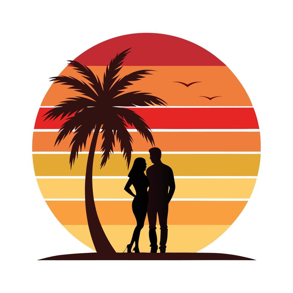 Beach Couple Silhouette - Romantic Vintage Design with Sunset Ocean for Minimalist Art vector