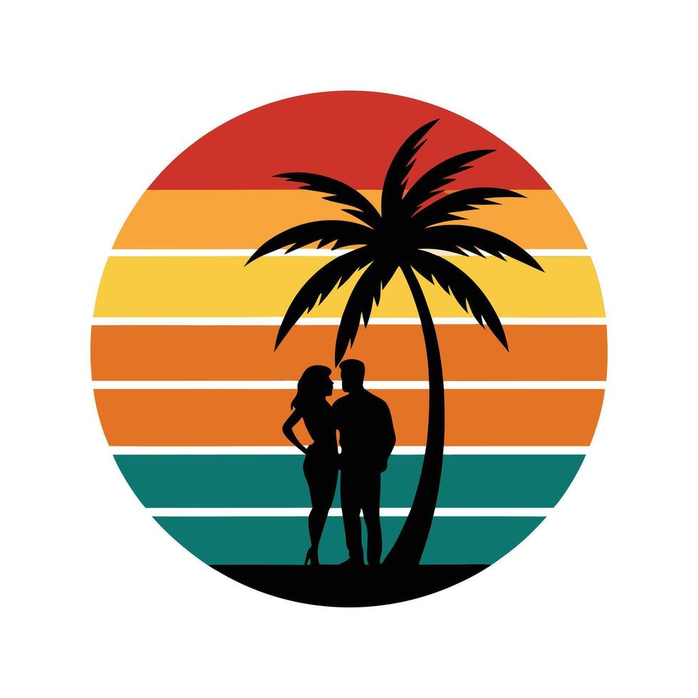 Retro Beach Couple Silhouette - Vintage Romantic Design with Sunset Ocean for Minimalist Art vector