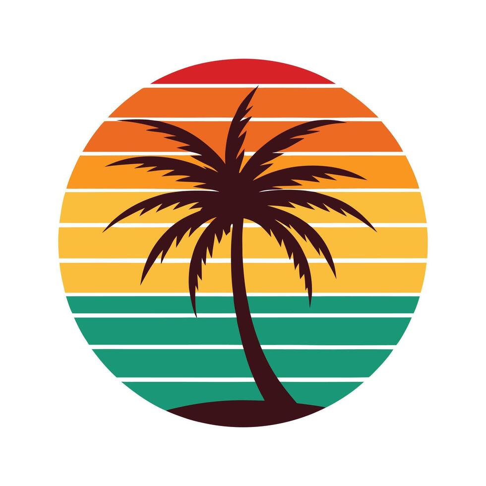 Tropical Island - Vintage Silhouette Design with Palm Trees, Sun Ocean for Retro Paradise Art Decor vector