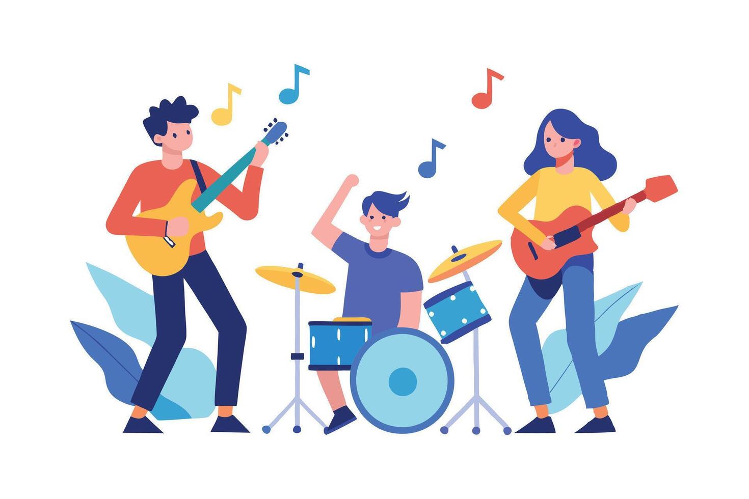 Jamming Friends - Fun Cartoon Band Illustration with Music and Instruments, Vibrant and Cheerful Party Art vector