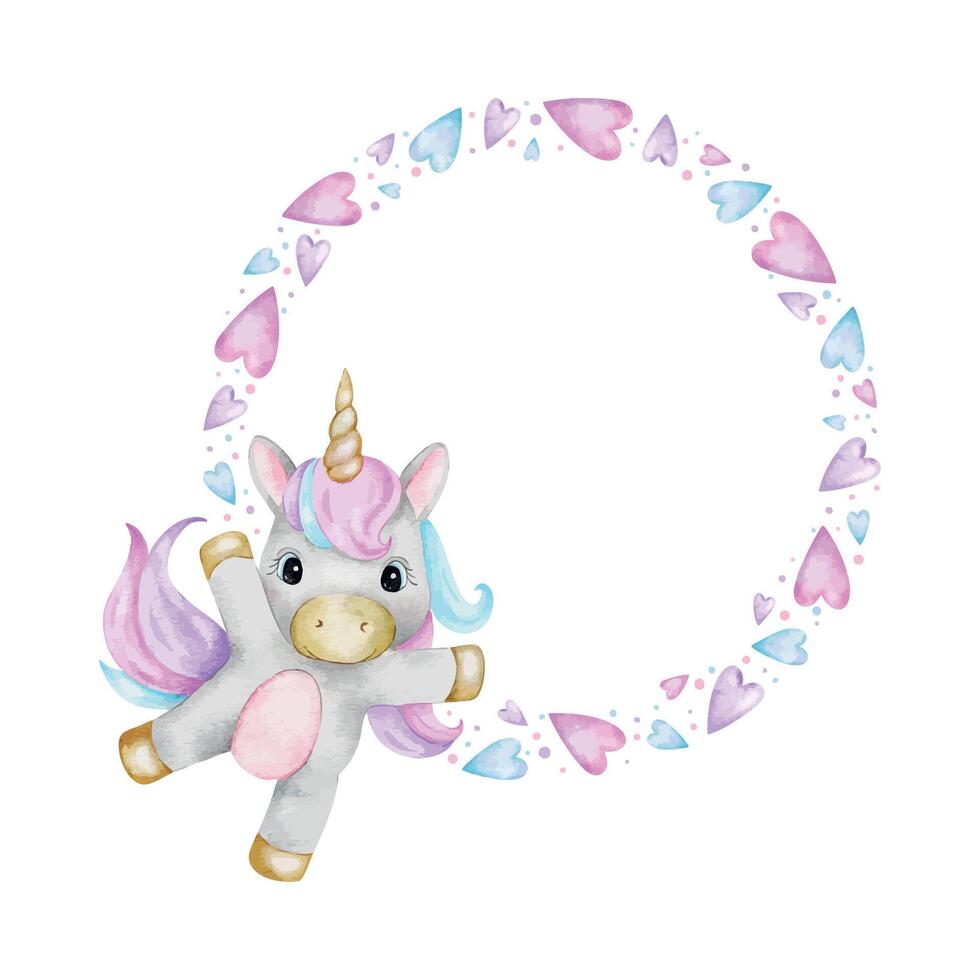 Cute fairytale unicorn and colorful hearts. Isolated hand drawn watercolor found frame. Layout for kid's goods, invitations, postcards, poster, baby shower and children's room vector