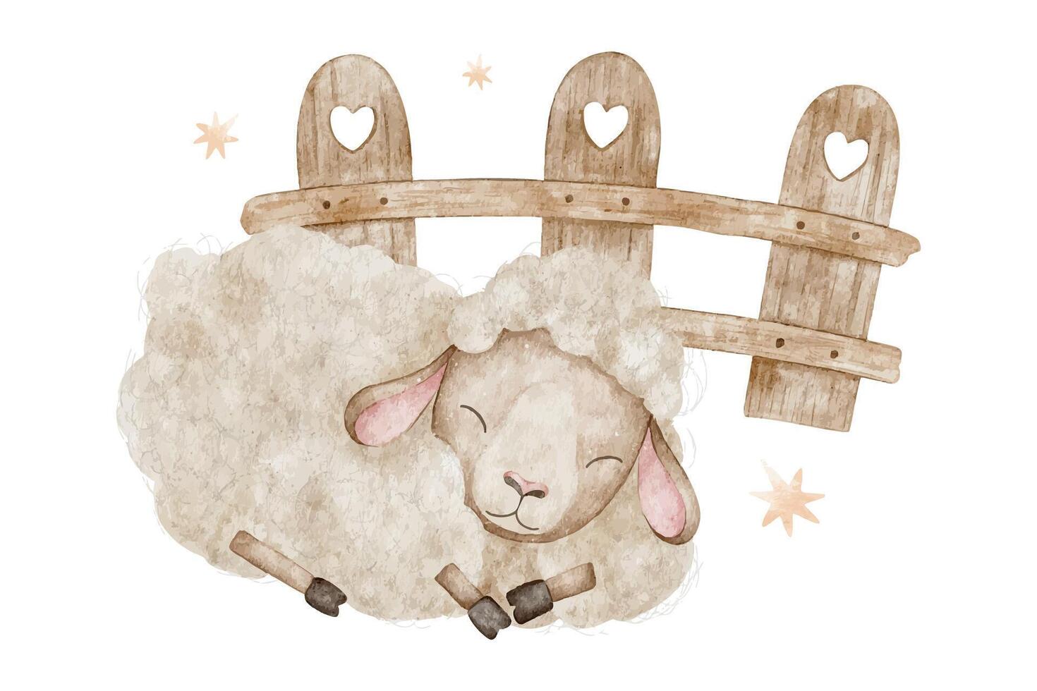 Sheep Sleeping by wooden fence, stars. Fluffy farm animal. Isolated hand drawn children watercolor illustration. Clipart of Cute lamb for kids stickers, cards, poster, baby shower and children's room vector