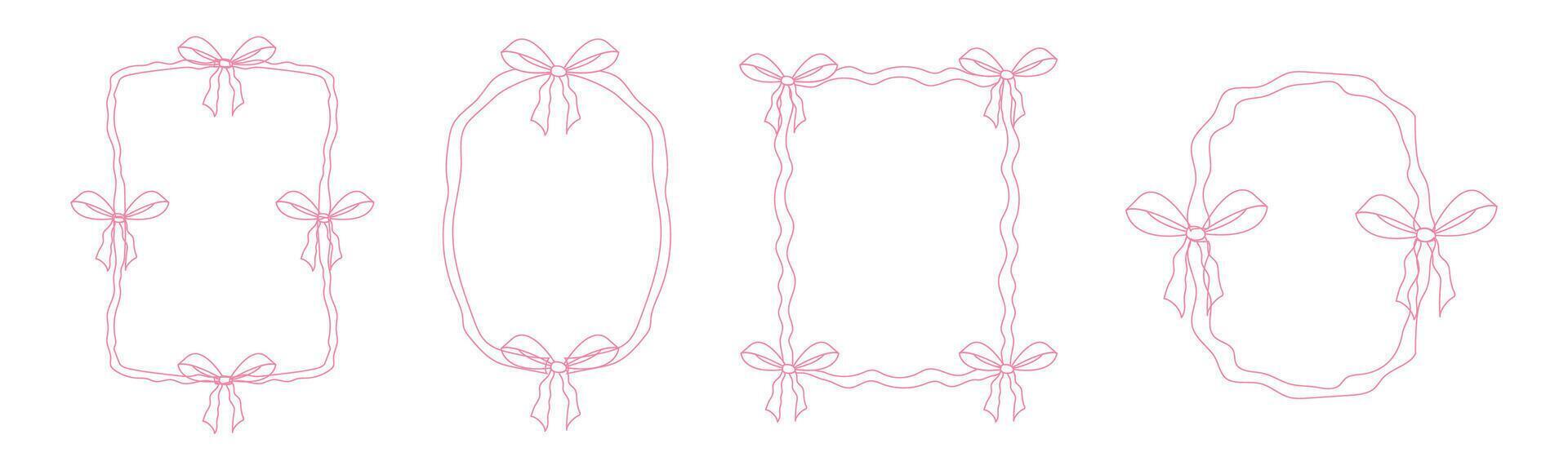 Coquette pink frame ribbon lace bow, pink wavy border y2k retro set. Aesthetic feminine decor. Ruffled ribbon. Doodle hand drawn. vector