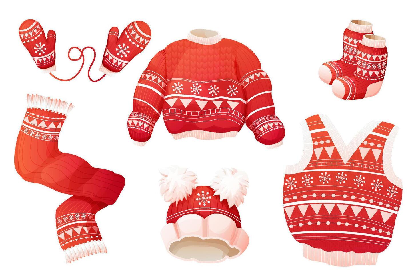 Cute winter warm knitted red sweater hat scarf and socks. Christmas clothes with festive traditional winter ornament. Nordic christmas retro. vector