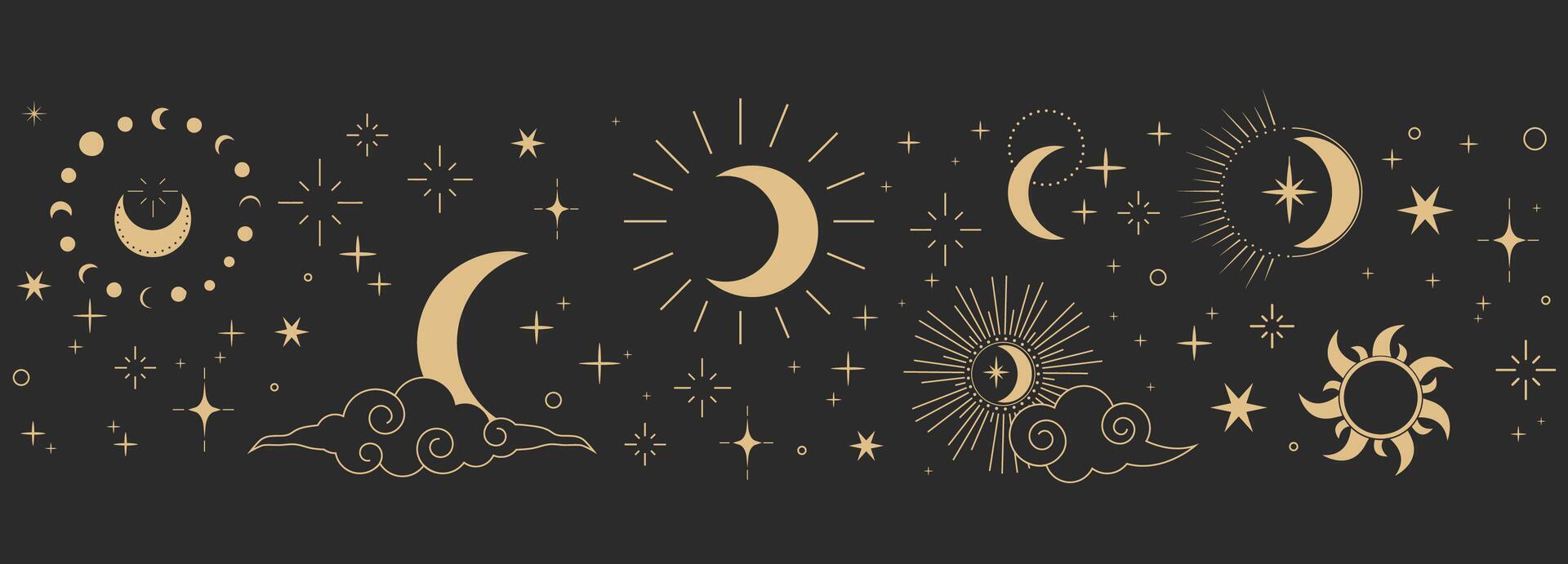 Celestial seamless border, witch spiritual decoration with asian clouds moon, sun burst and stars. line astrology pattern, minimal geometric background. vector