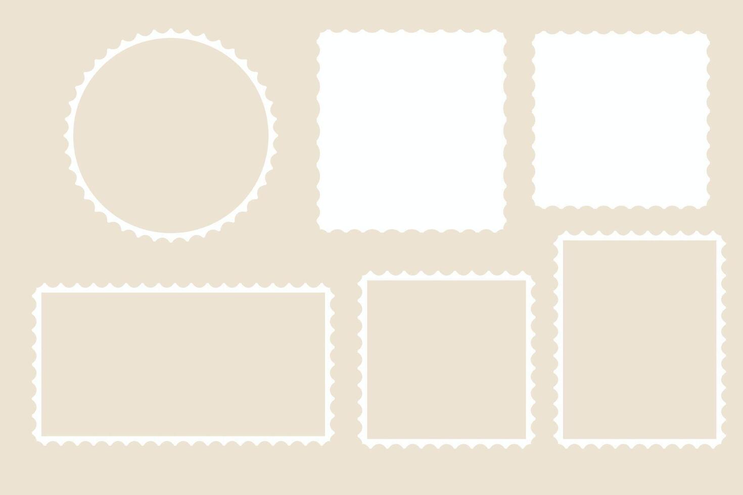 Post stamp. Blank empty postage mark, retro vintage border frame wavy edge. Perforated template. Paper postmarks isolated on white background. vector