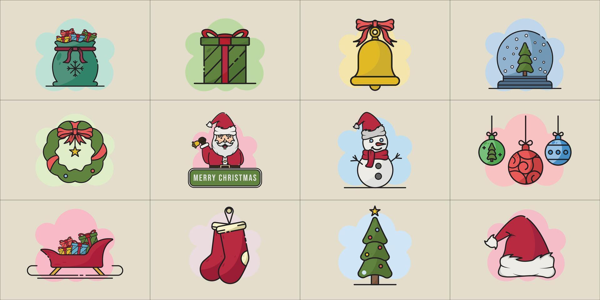set of christmas icon line art color illustration template icon graphic design. bundle collection of various decoration of xmas sign or symbol for holiday winter or religious celebration vector