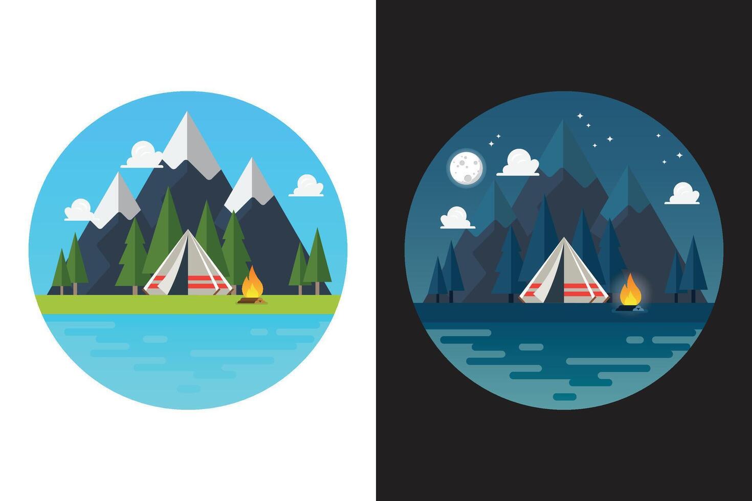 Camping tent with landscape at day and night logos vector