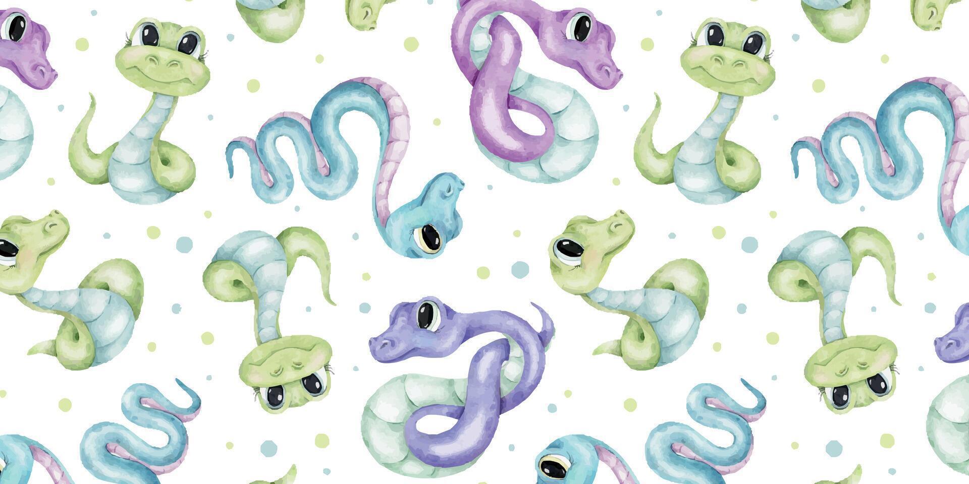 Watercolor seamless pattern of Cute colorful snakes and dots. Hand drawn print of baby reptile. Background for kid goods, textiles, wrapping, scrapbook, office supplies vector