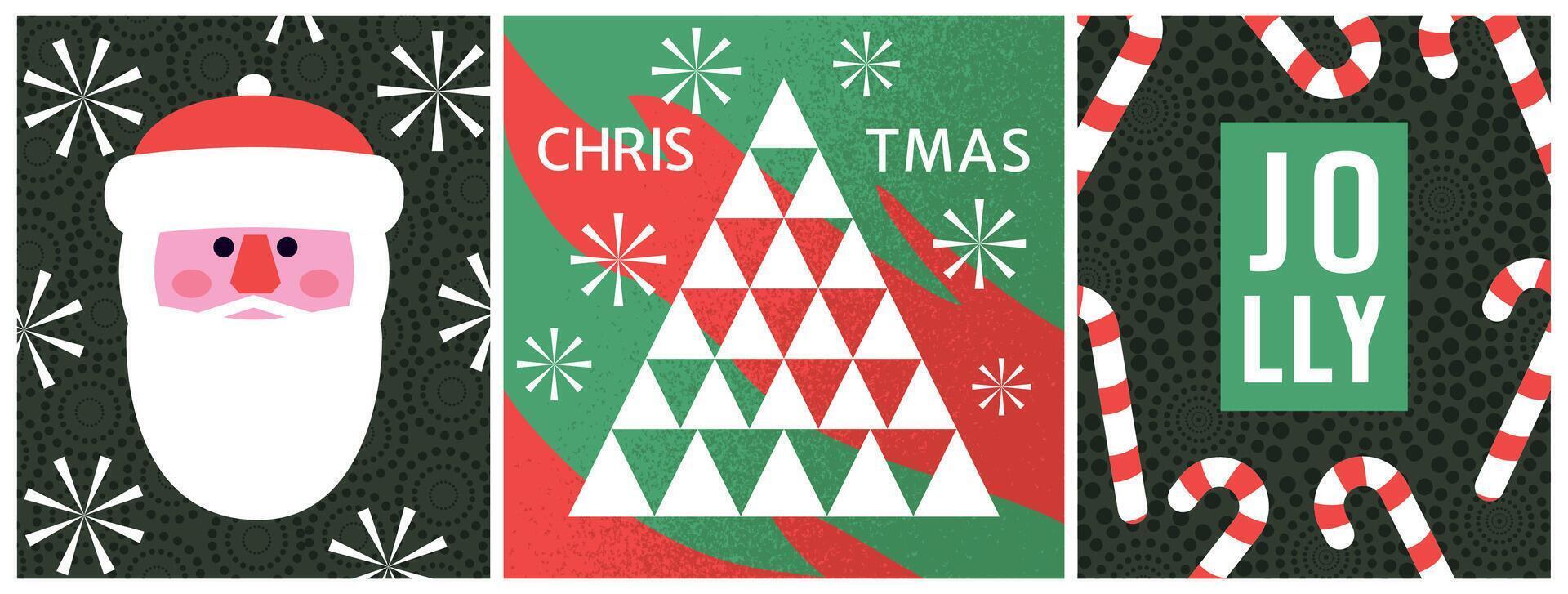 Set of modern trendy banners. Christmas and New Year. Mosaic. Geometric. Wrapping paper. Hand drawn. Doodle. Elements, shapes, frames. 2025. Flat. Xmas. Vintage squares. Ball. Santa Claus. Collage vector