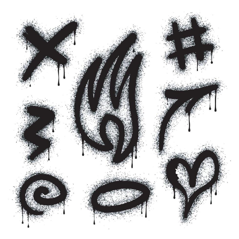 Collection of graffiti image symbols. Spray painted graffiti pattern with question marks, arrows, crowns, stars, skulls, fences and fists. Spray paint element. Street art style illustration vector