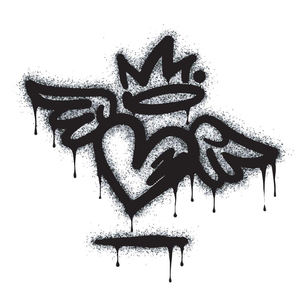 Spray painted graffiti winged crown heart in black on white. Symbol of love falling in heart. isolated on white background. vector
