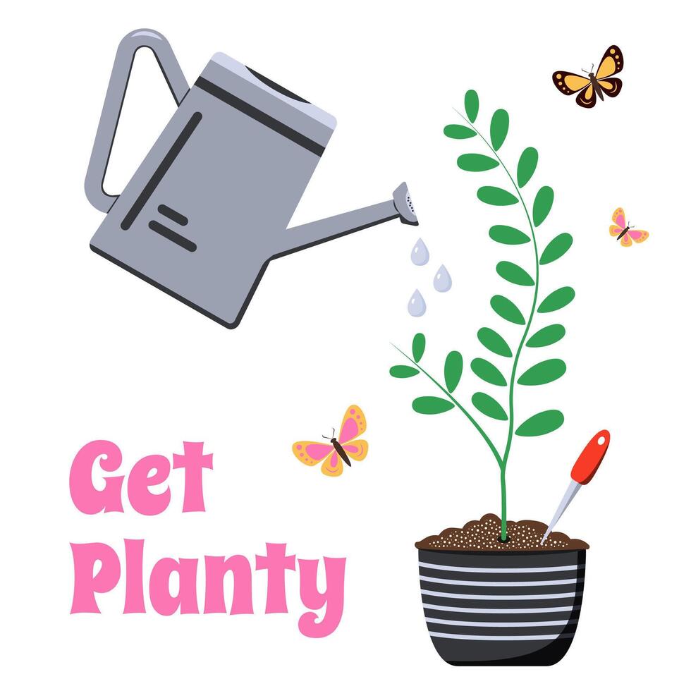 Get Planty with a Watering Can and Thriving Green Plant vector