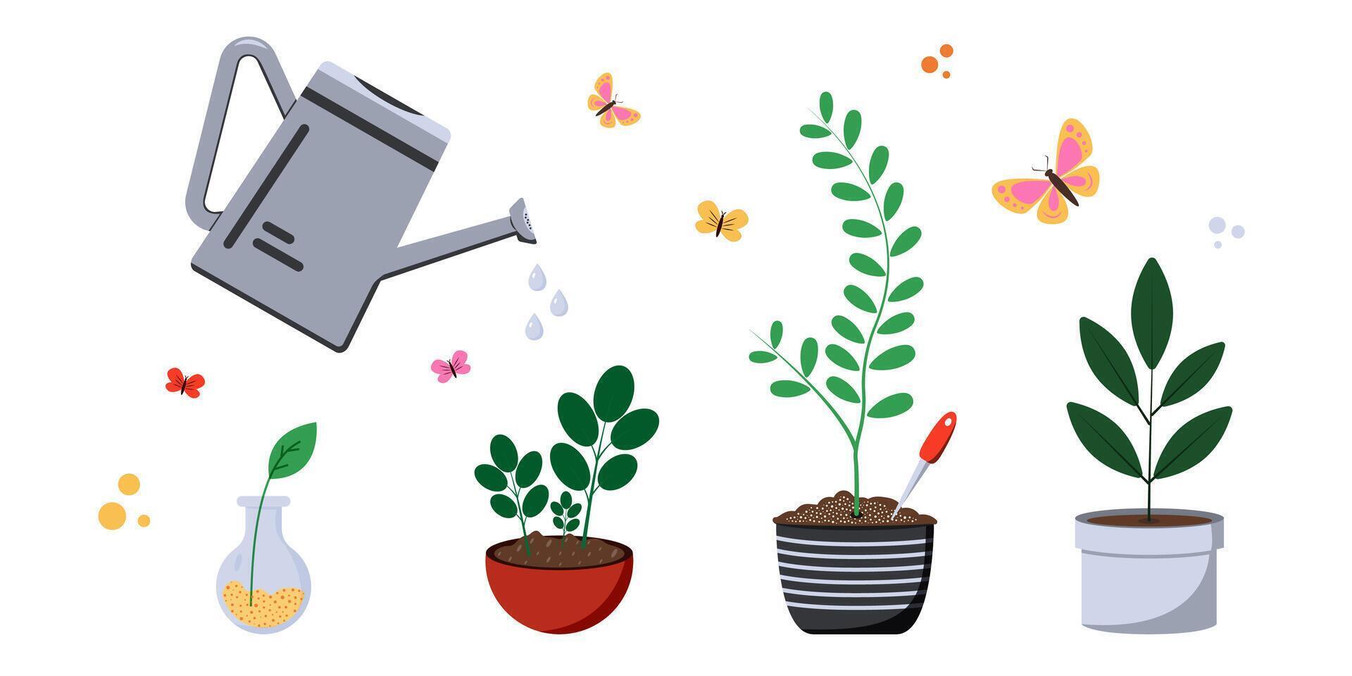 Colorful plants grow in various pots while a watering can showers them vector