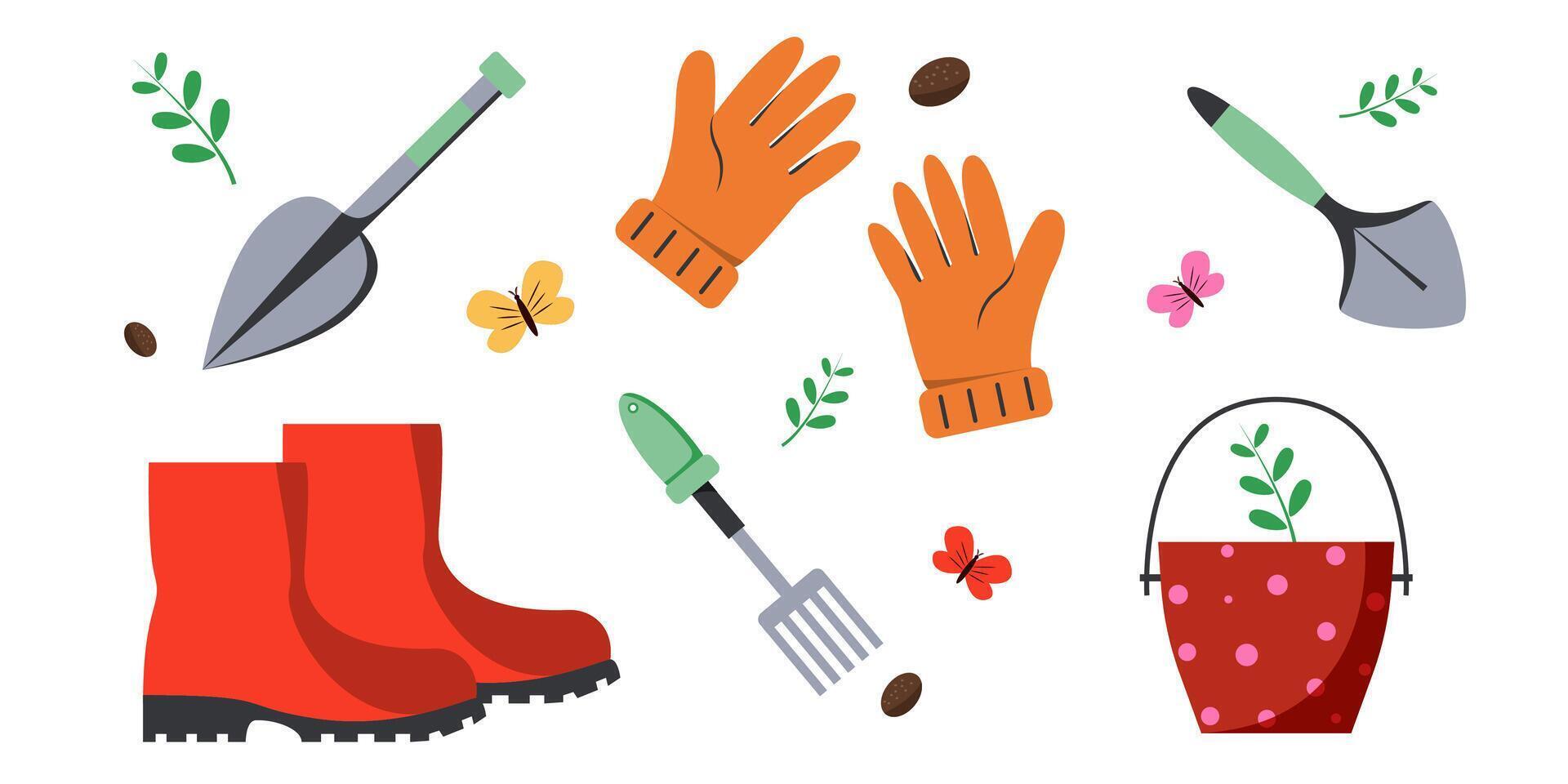 Gardening tools and accessories arranged on a bright background vector