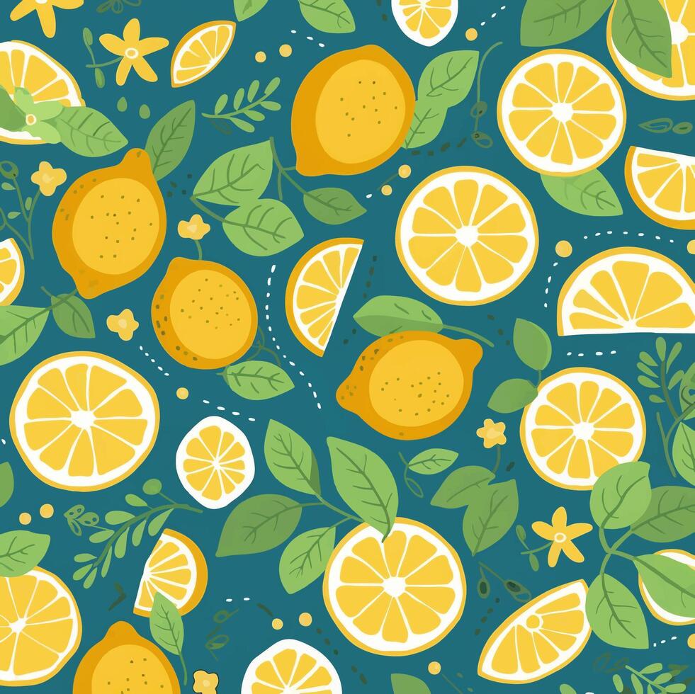 lemon and leaves pattern on green background vector
