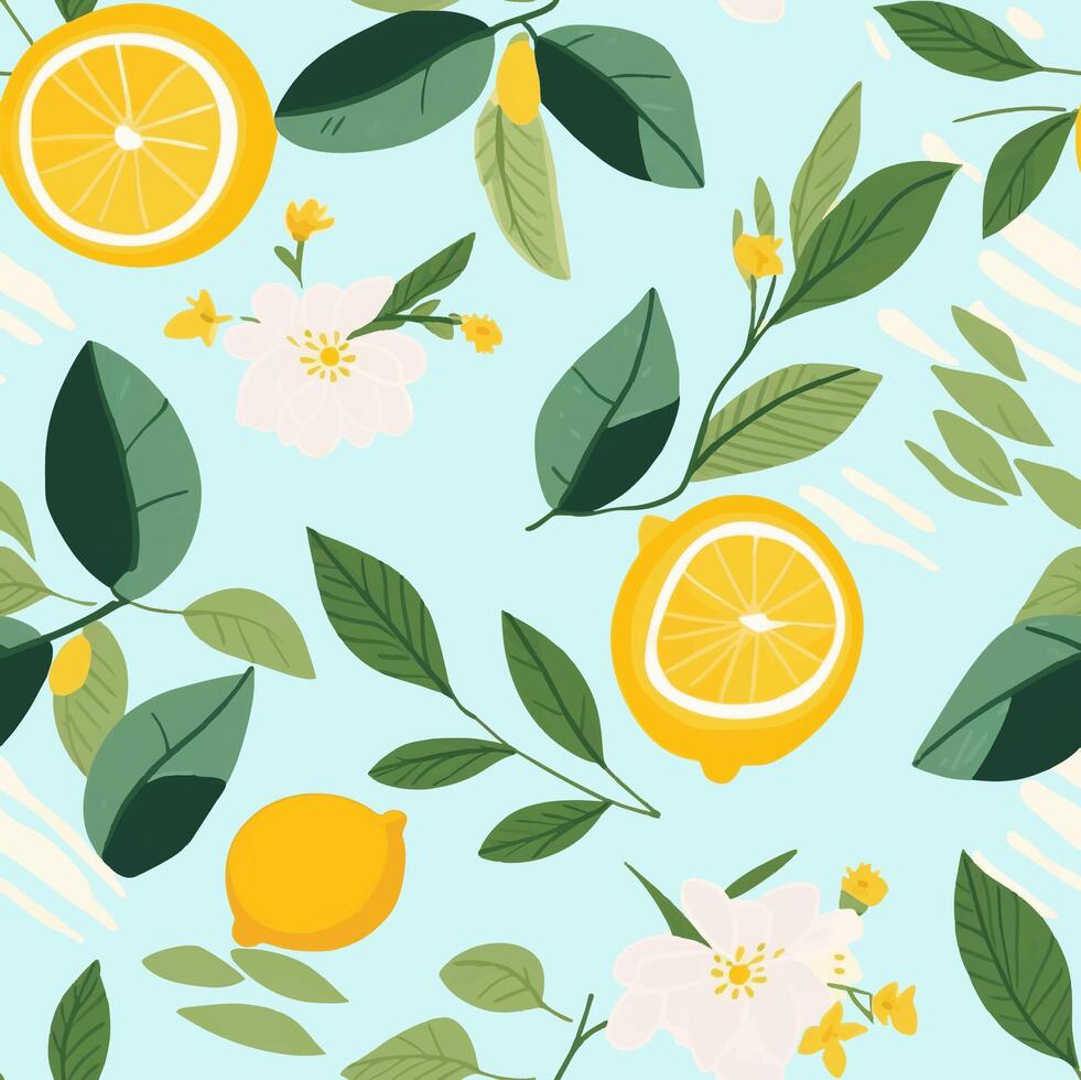 lemon fruit and flower pattern vector