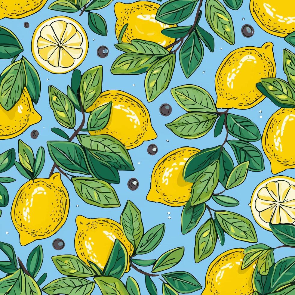lemon fruit pattern on blue background vector
