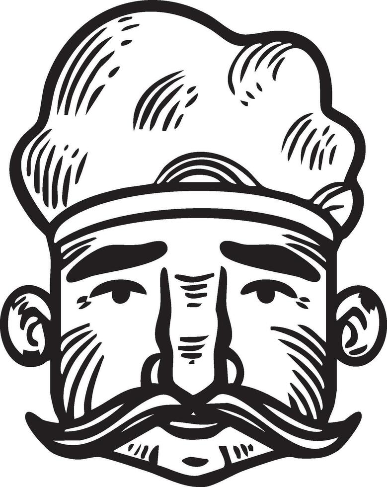 Retro Chef Illustration with Mustache and Hat in Black and White. vector