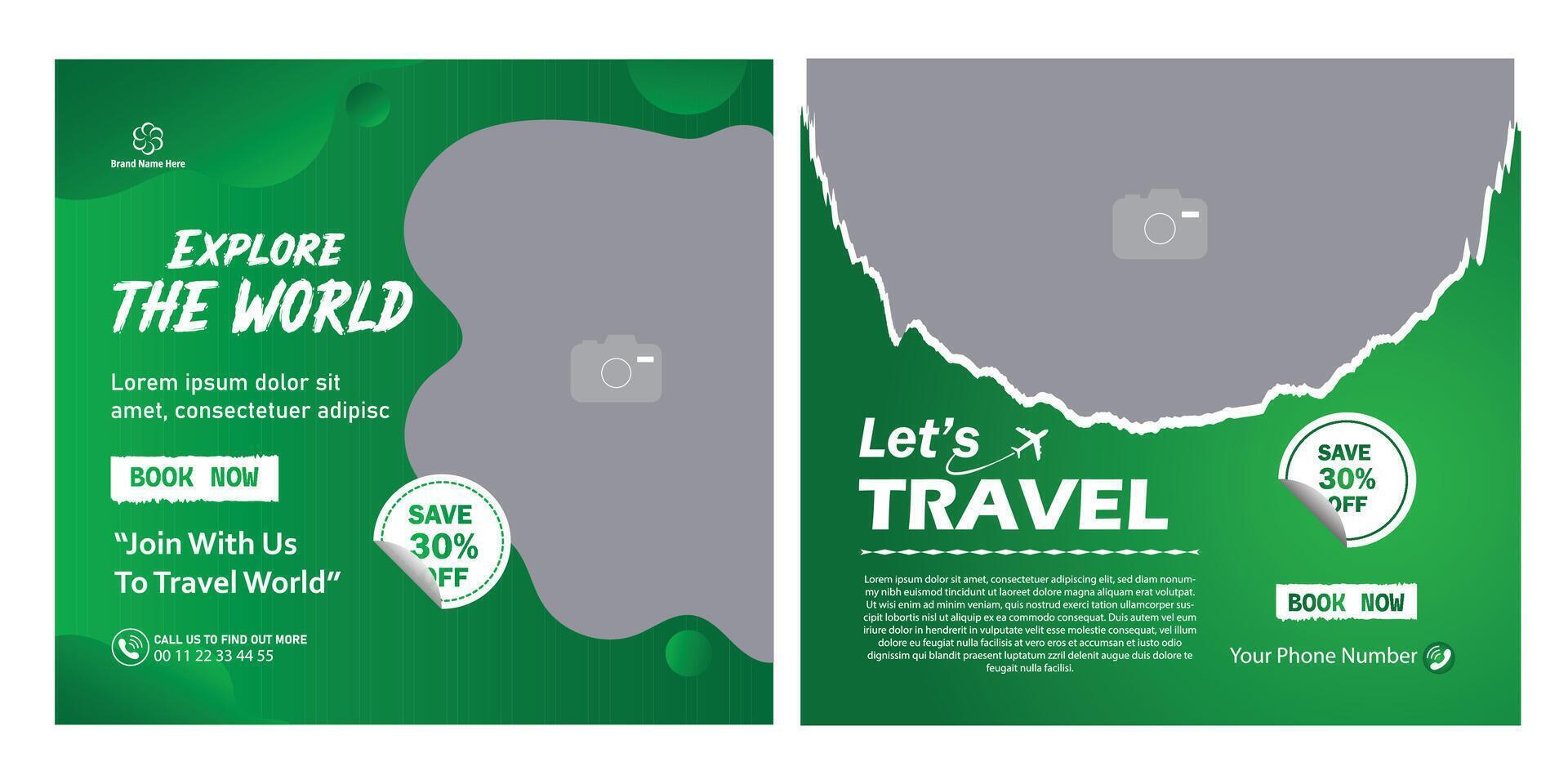 Travel sale business marketing social media post template design with abstract background, agency logo and icon. Summer holiday travelling and tourism vector