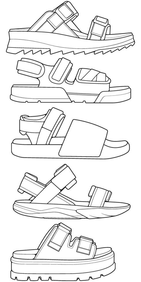 Bundling set outline modern sandal illustration. Modern shoe of sandal cartoon Isolated with white background. vector