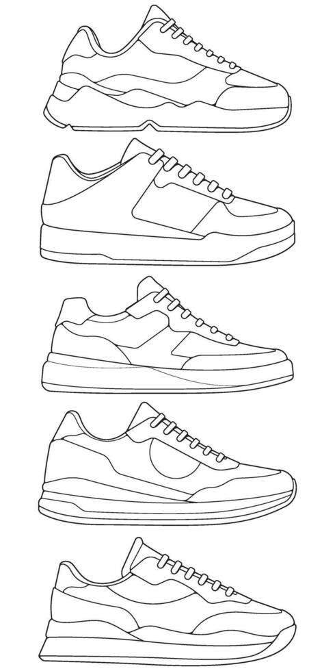 Bundling set of line art Cool Sneakers. Modern shoes sneaker line art hand drawing, Sneakers drawn in a sketch style, sneakers template outline, Set Collection. Illustration. vector