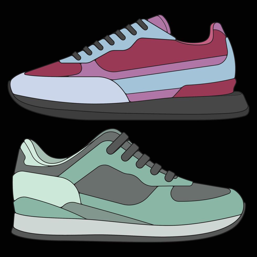 Bundling set sneakers shoes hand drawn, Modern sneakers shoe illustration. Sneakers full color with black background. vector