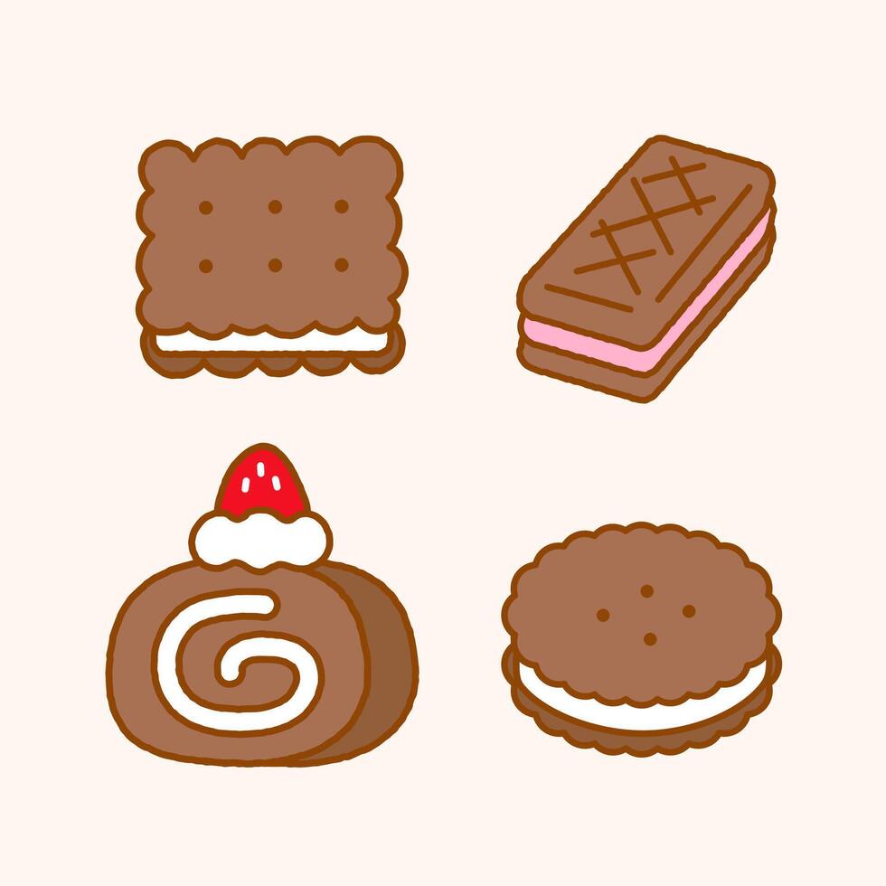 Cute Handdrawn Cookies and Roll Cake Illustration vector