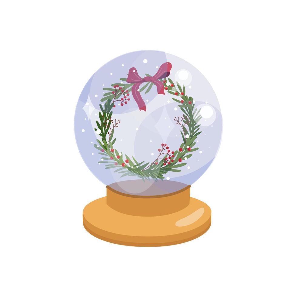 Christmas snow globe with wreath and festive bow illustration vector