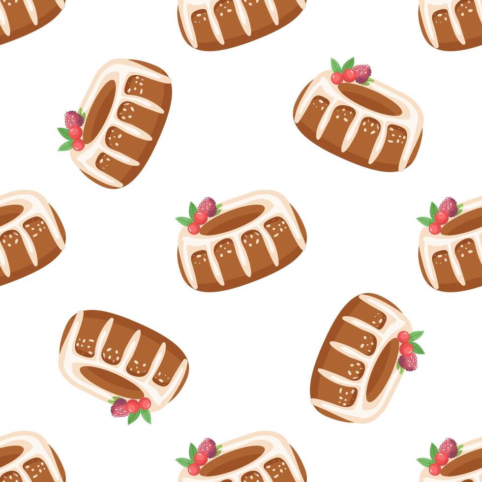 Christmas bundt cake seamless pattern with icing and festive berries illustration vector