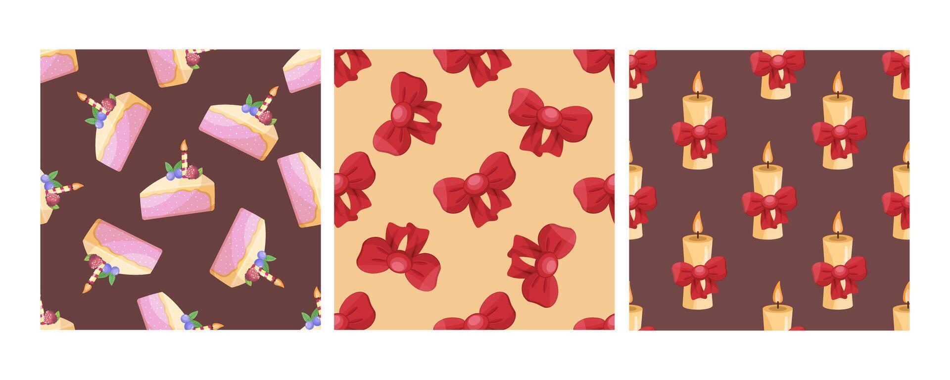 Set of three seamless patterns in flat style with cake slices, red bows, and candles vector