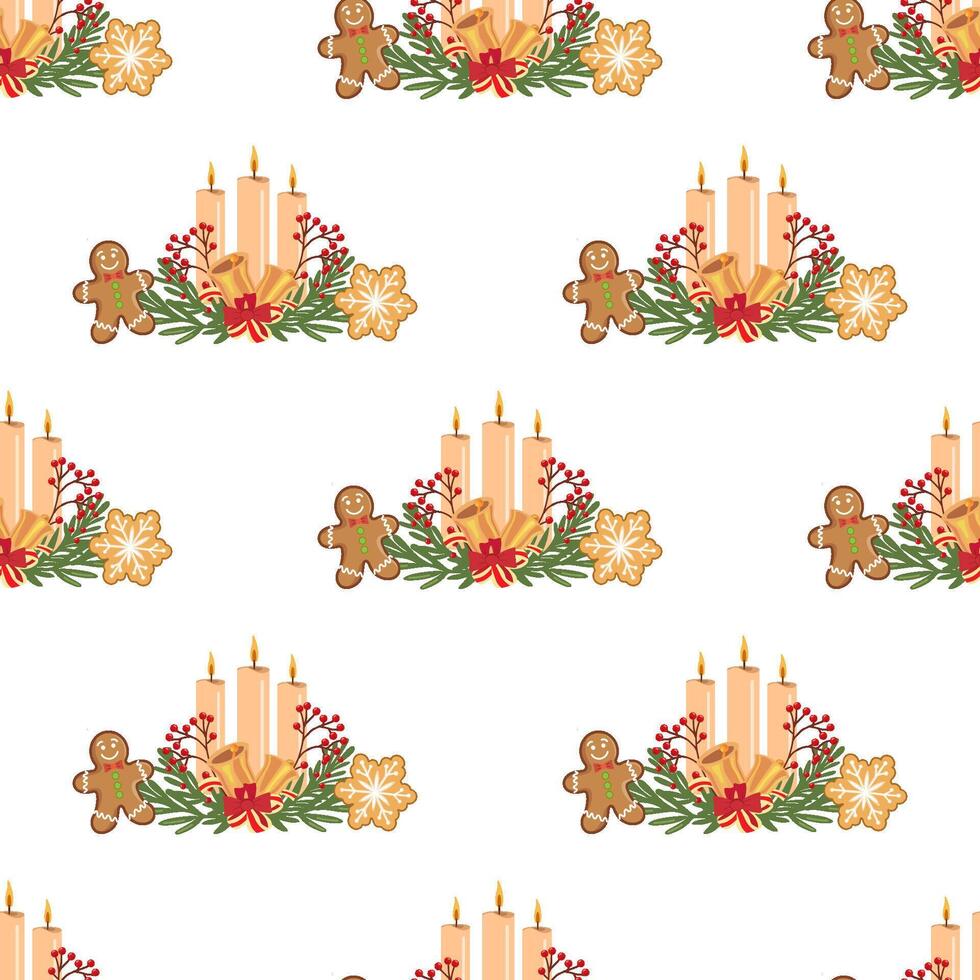 Christmas candles seamless pattern with gingerbread, bells, berries, and greenery illustration vector