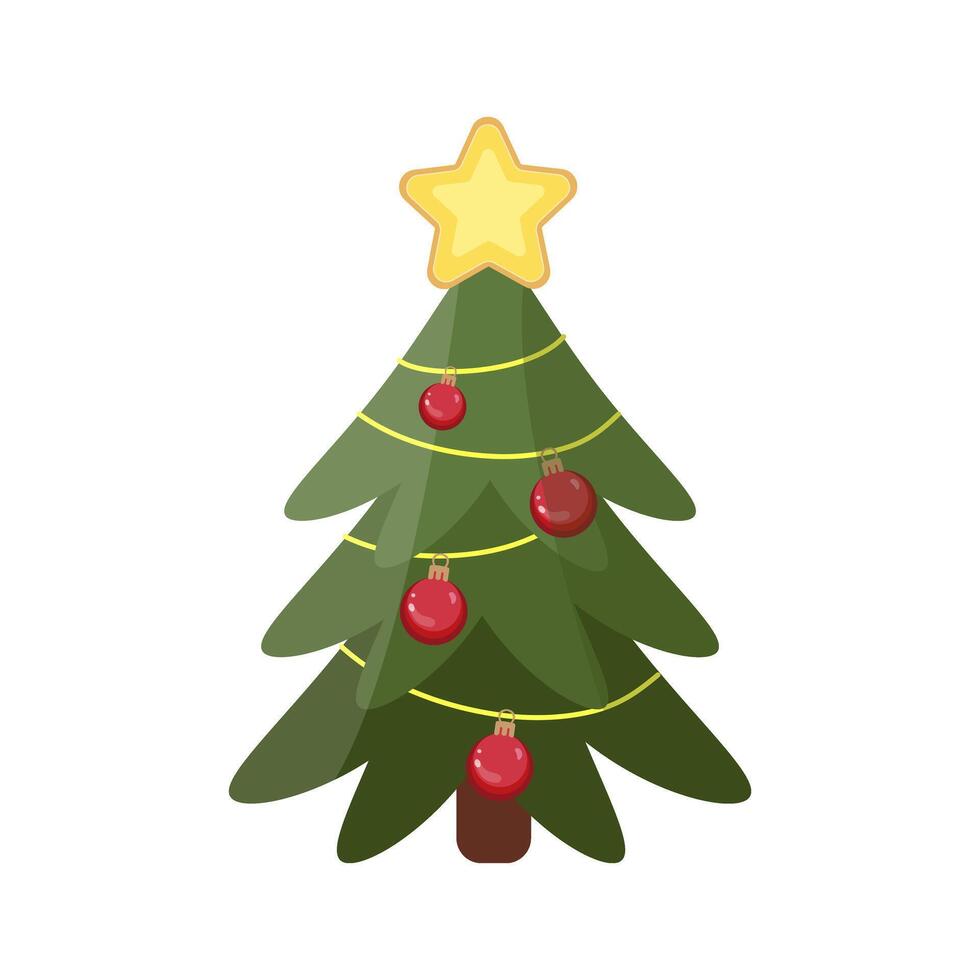 Decorated Christmas tree with star topper and red ornaments illustration vector