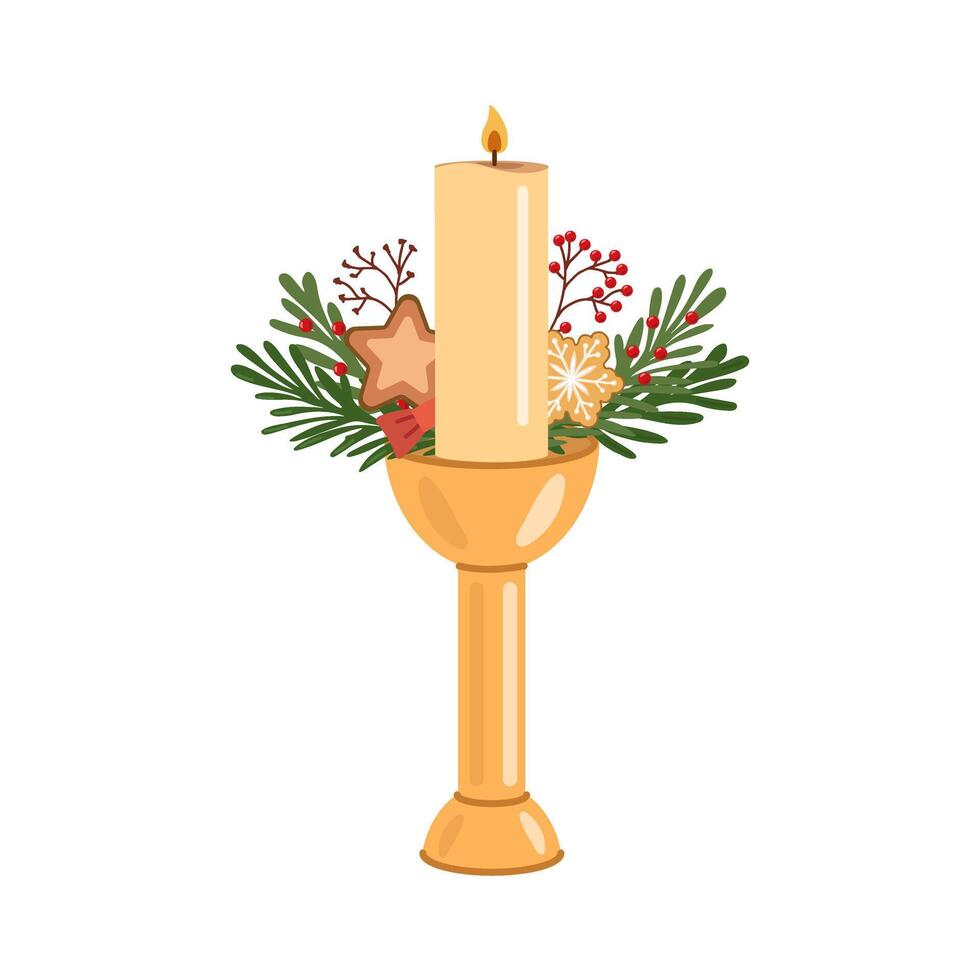 Golden candle with festive greenery, cookies, and berries illustration vector