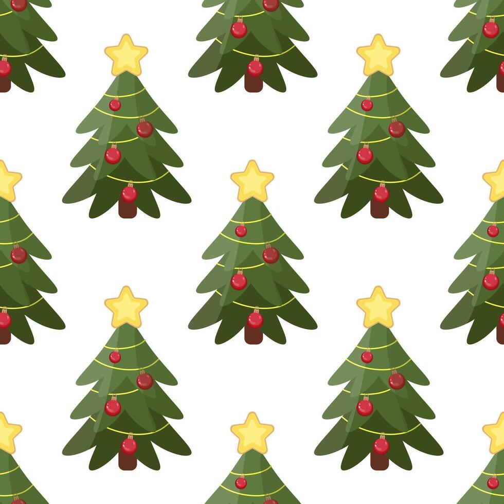 Decorated Christmas tree seamless pattern with star topper and red ornaments illustration vector