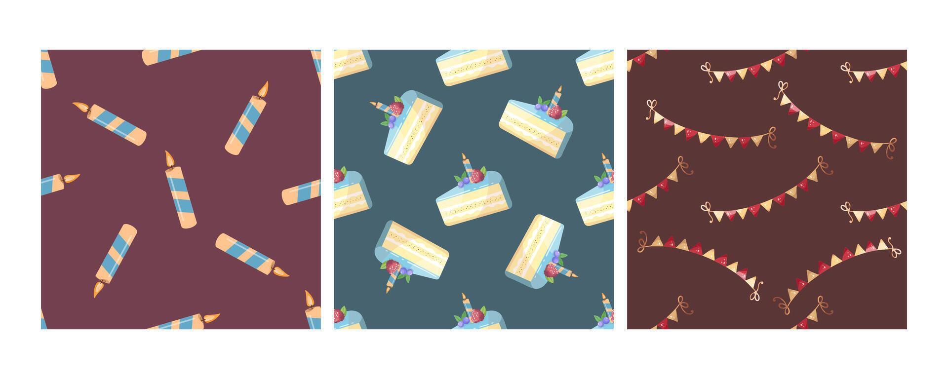 Set of three seamless patterns in flat style with striped candles, cake slices, and festive garlands vector
