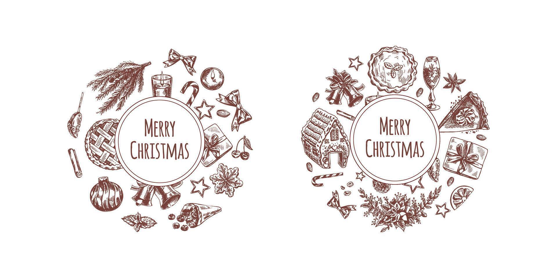 Hand-drawn Christmas pie and holiday decorations with Merry Christmas text vector