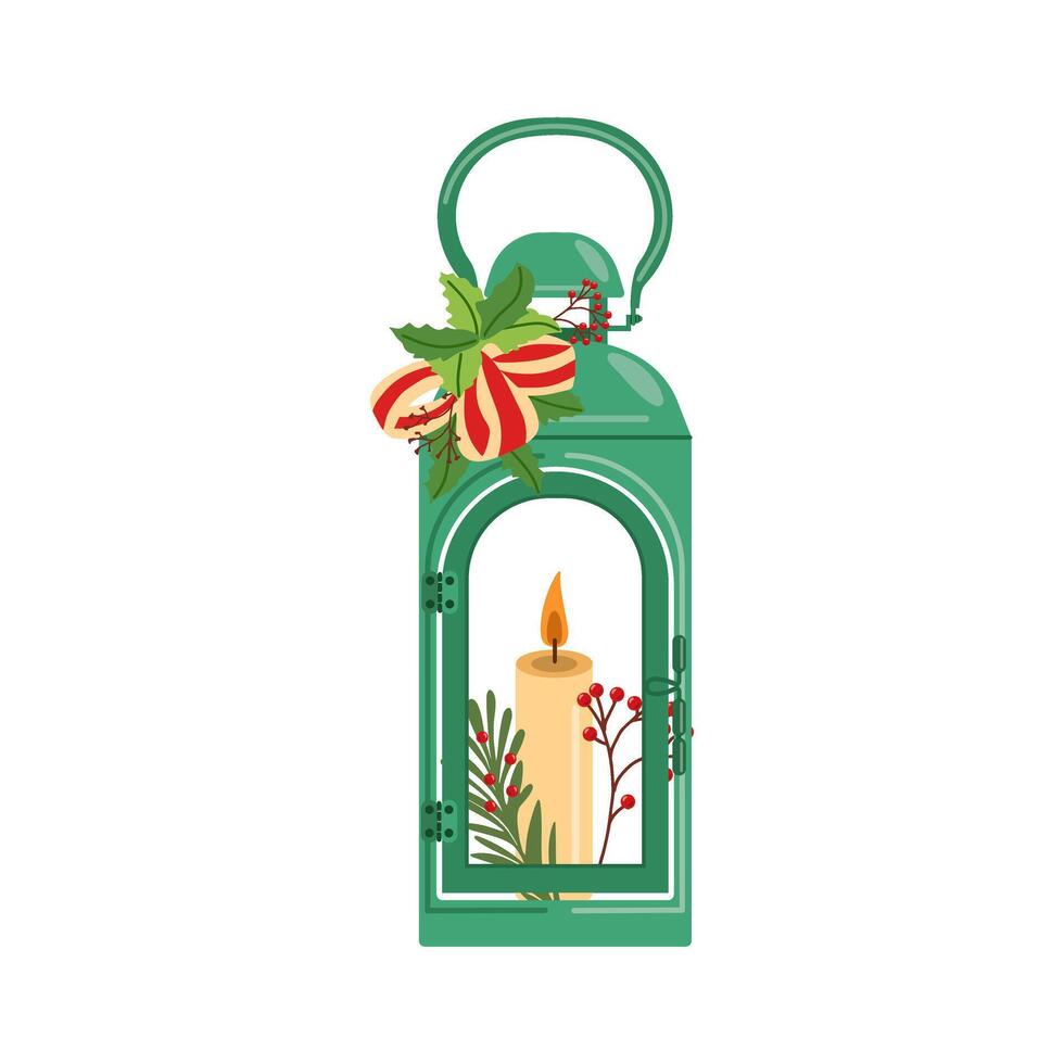 Green Christmas lantern with candle, greenery, and festive bow illustration vector