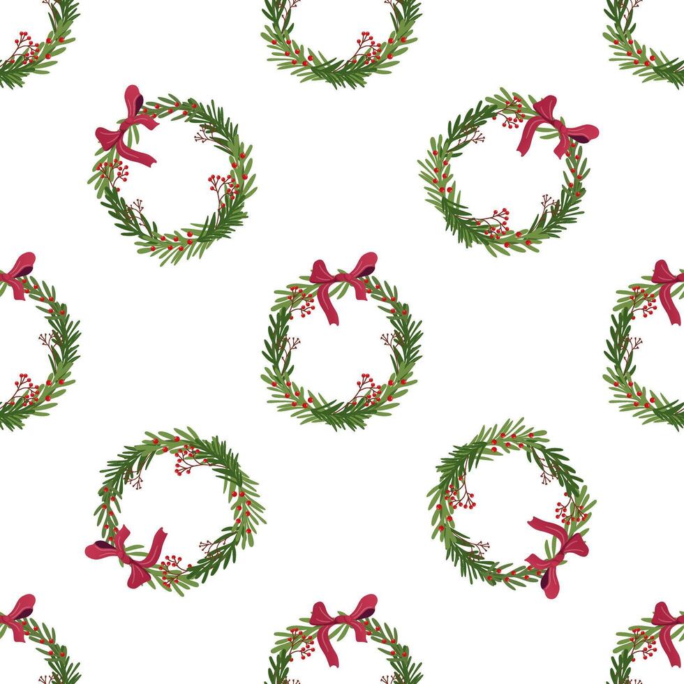 Christmas wreath seamless pattern with red bow and festive berries illustration vector