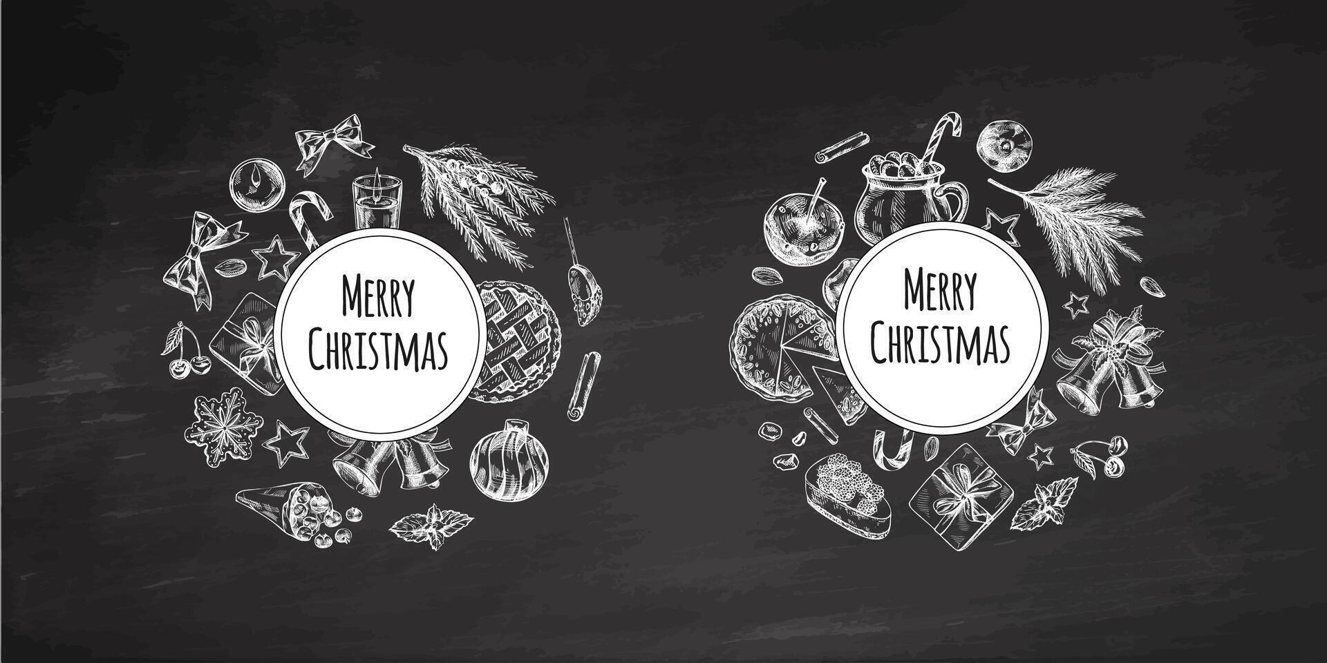 Hand-drawn Christmas pie and holiday decorations on chalkboard with Merry Christmas text vector