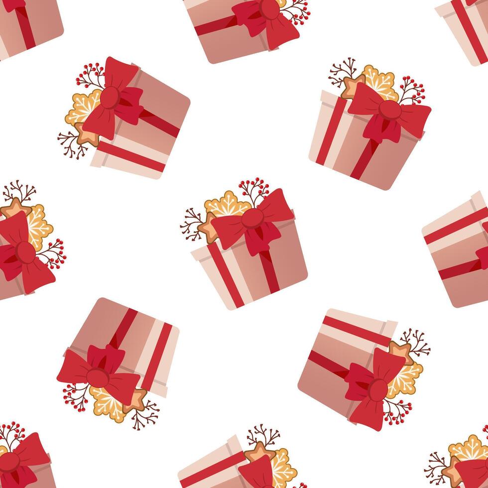 Christmas gift box seamless pattern with cookies, red bow, and berries illustration vector