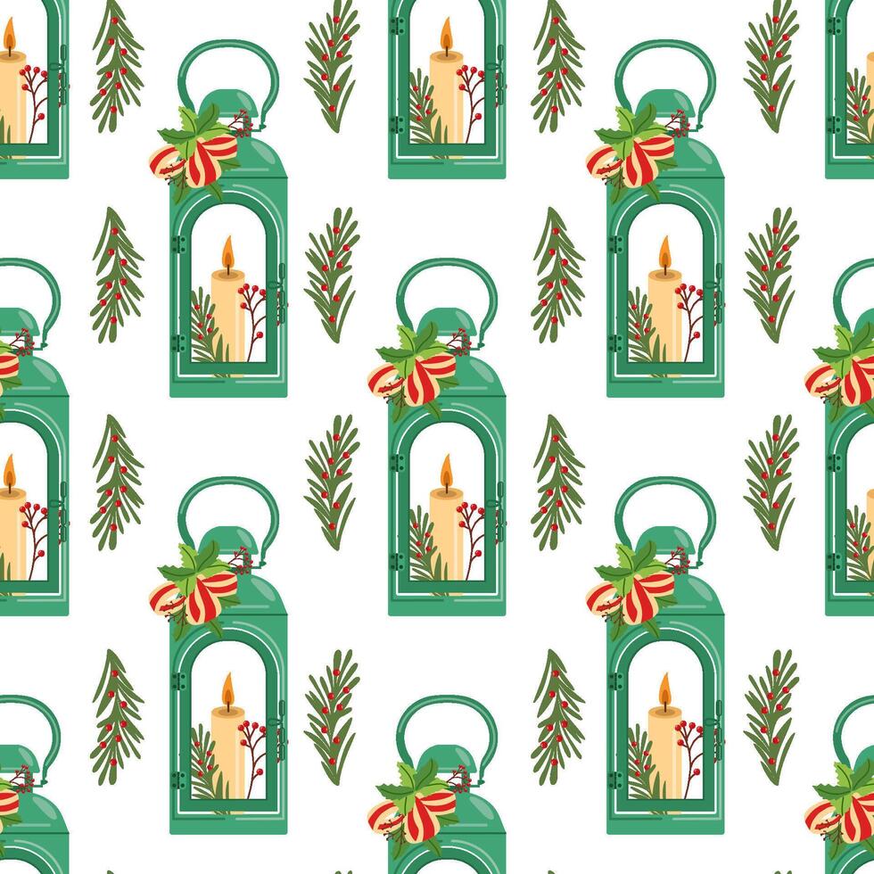 Christmas lantern seamless pattern with candles and festive greenery vector