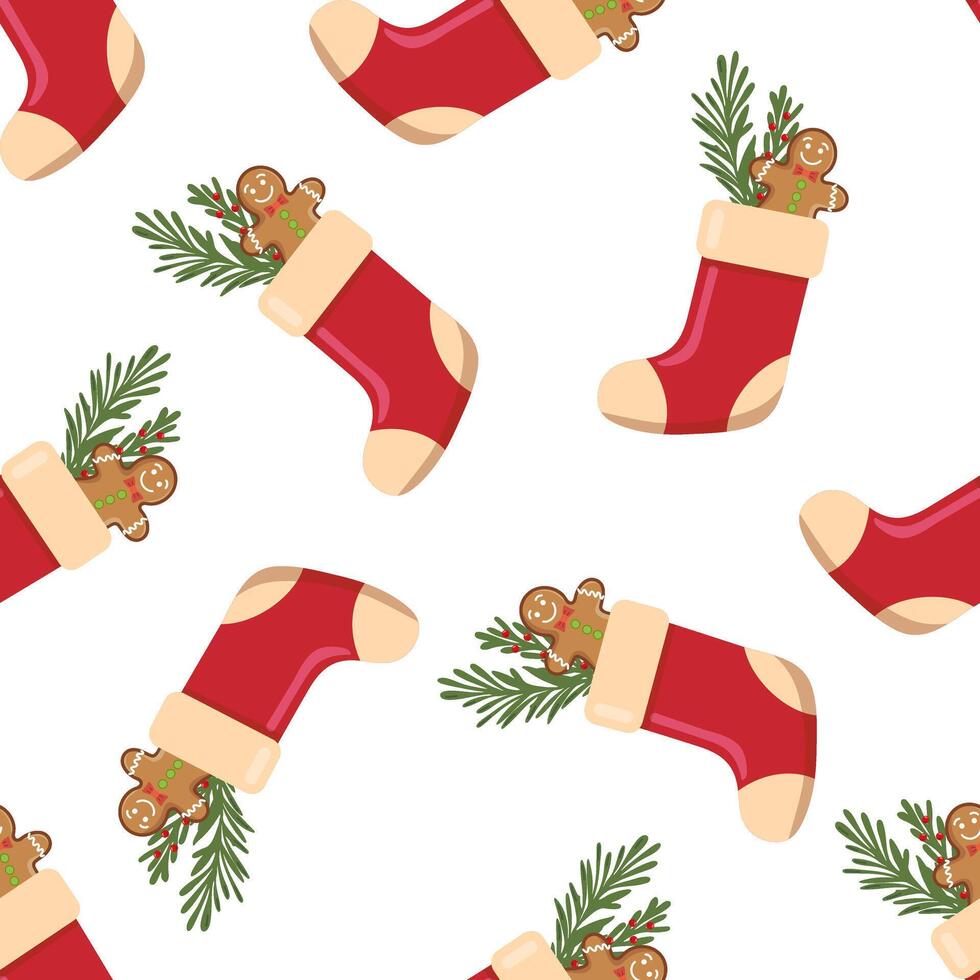 Christmas stocking seamless pattern with gingerbread man and festive greenery illustration vector