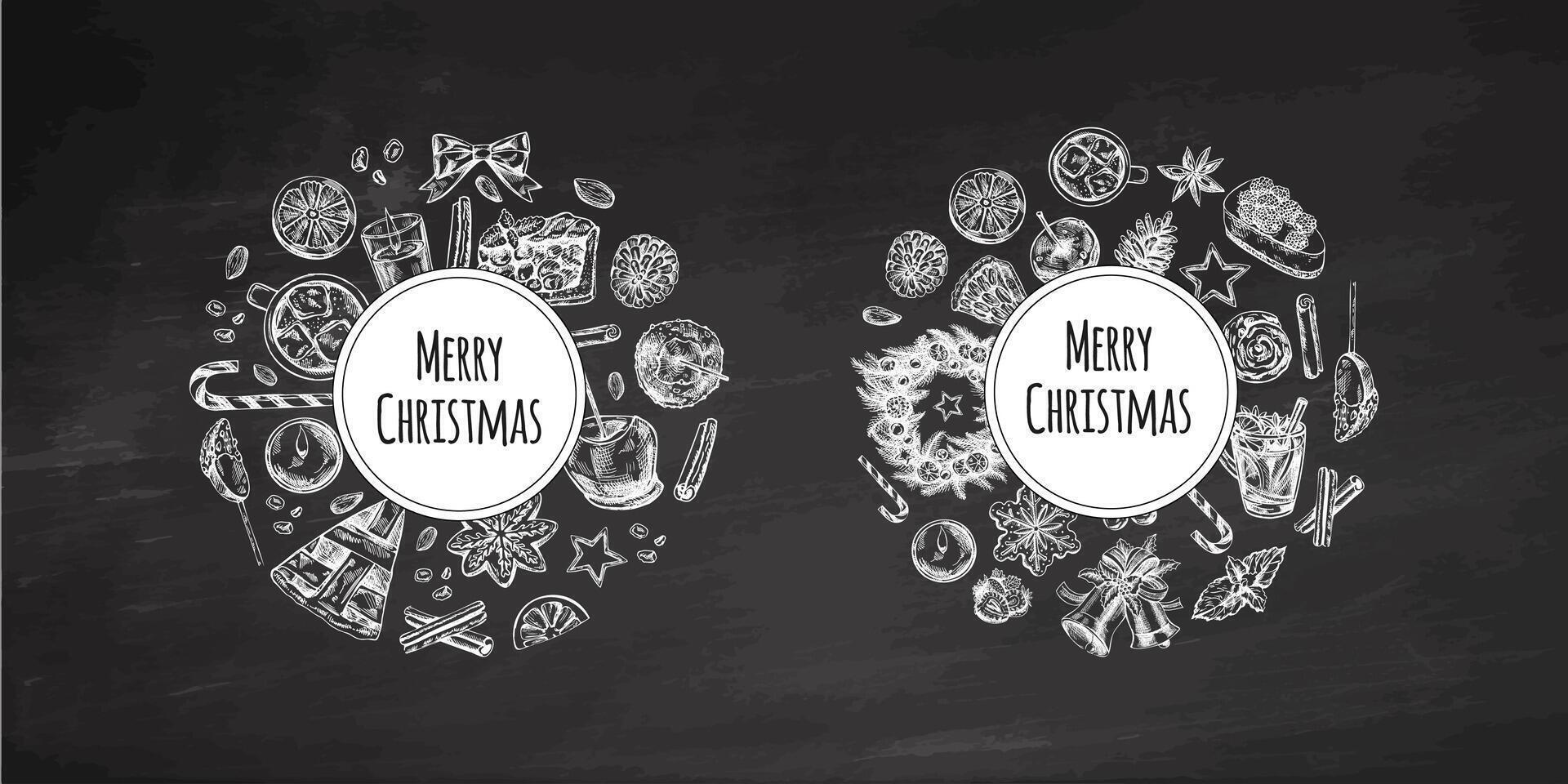 Hand-drawn Christmas desserts and festive drinks on chalkboard with Merry Christmas text vector