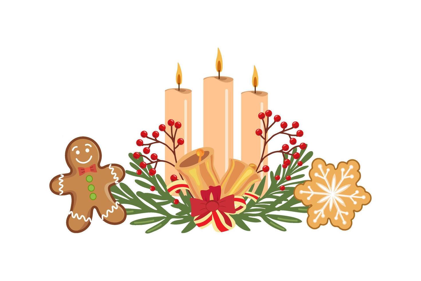 Christmas candles with gingerbread, bells, berries, and greenery illustration vector