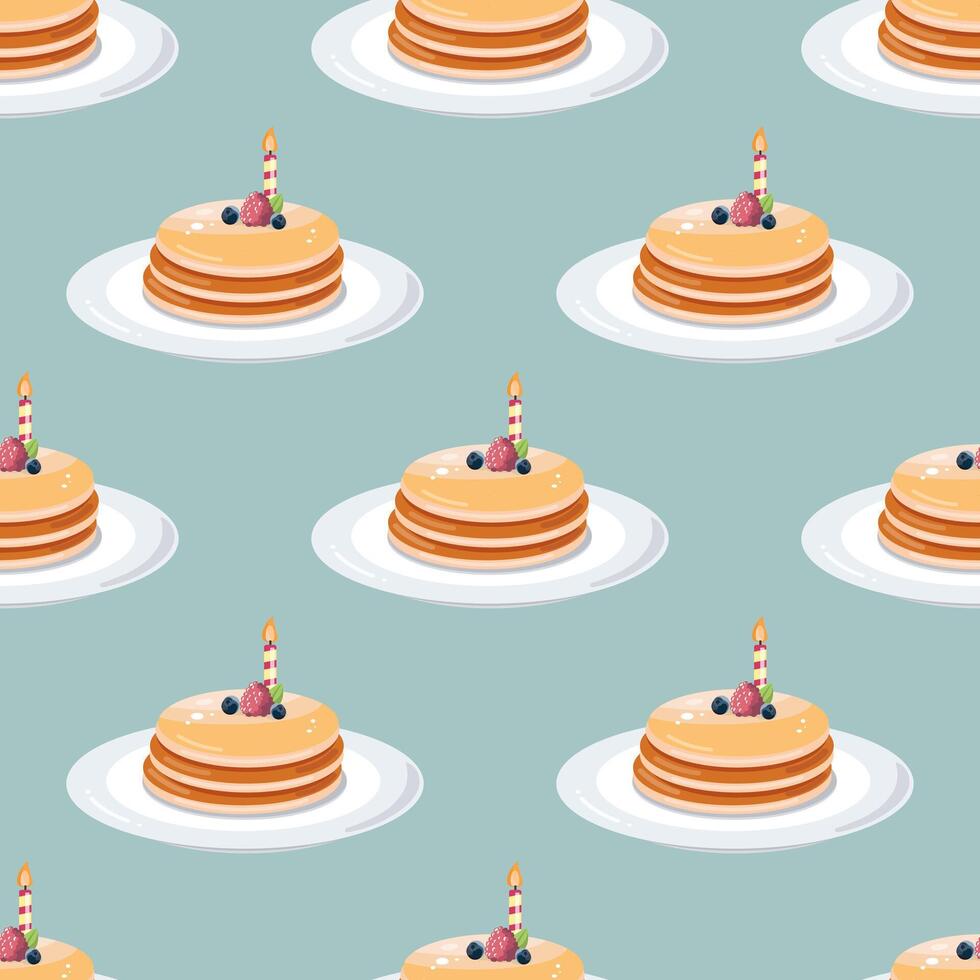 Seamless Pattern of Adorable Pancake Stack with Candle for Baby First Birthday Celebration vector