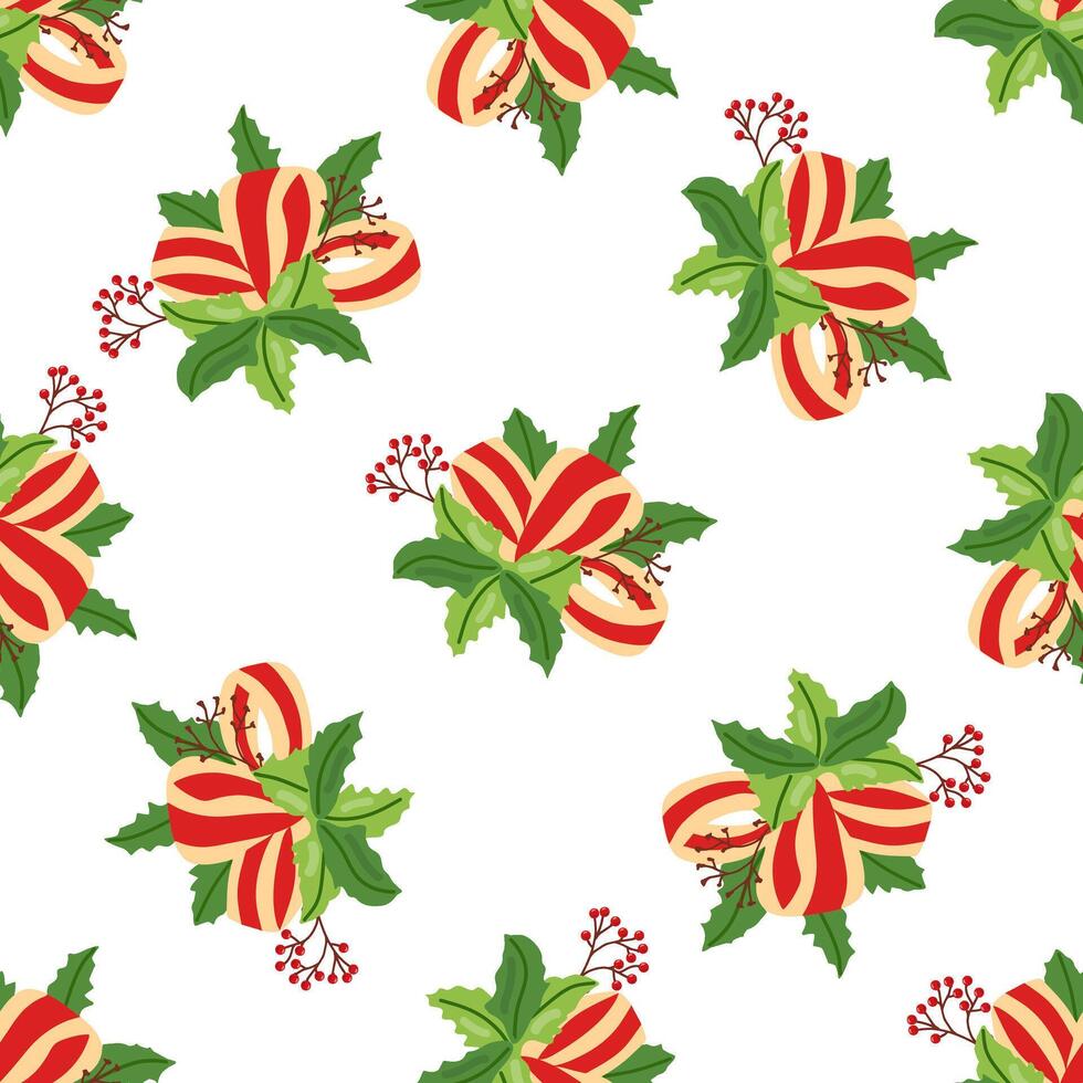 Christmas holly leaves seamless pattern with berries and striped ribbon illustration vector